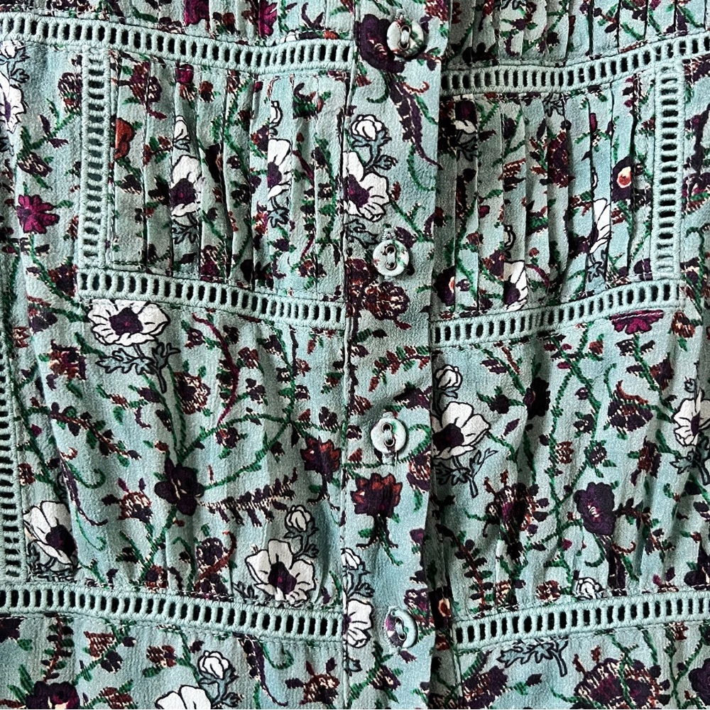 Joie | Charmesse Floral Cotton Mini Dress Teal Long Sleeve Boho - Size 10 - Picture 7 of 8